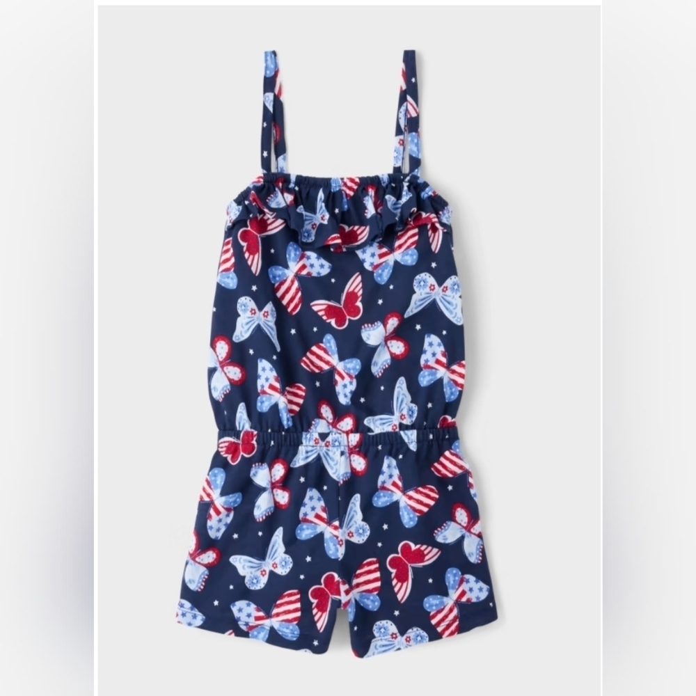 PLACE Girls Sleeveless Americana Butterfly Print Knit Ruffle Romper - Blue - 5/6